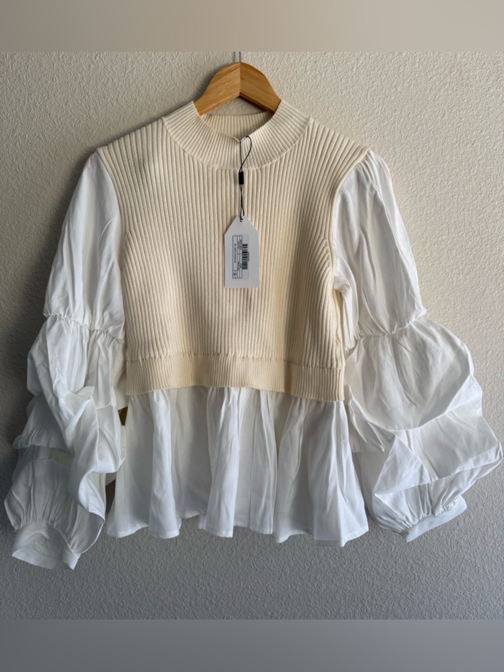 English Factory Ivory Mixed Media Sweater Blouse with Puff Sleeves Size M